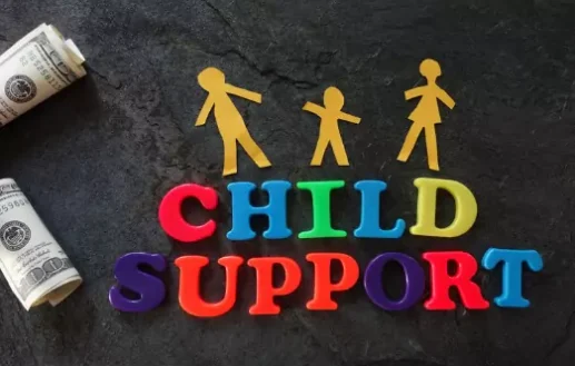 Paper dolls and money next to letters that spell out Child Support